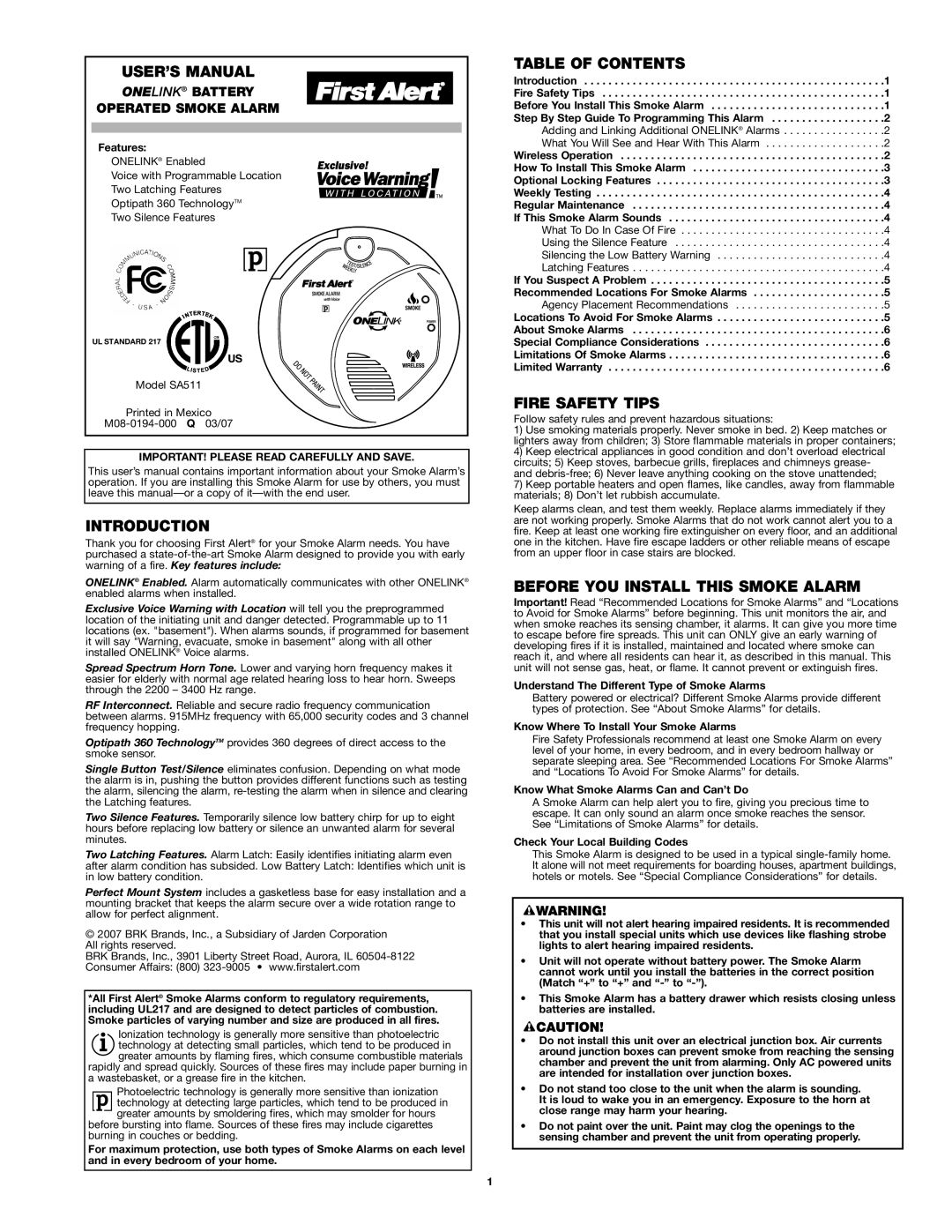 First Alert SA511CN2-3ST user manual User’S Manual, Introduction, Table Of Contents, Fire Safety Tips, Onelink Battery 