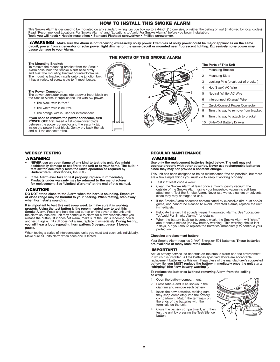 First Alert SA520 HOW to Install this Smoke Alarm, Parts of this Smoke Alarm, Weekly Testing, Regular Maintenance 