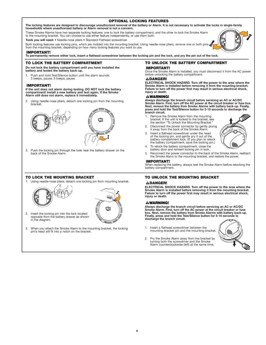 First Alert SA520 user manual Optional Locking Features, To Lock the Battery Compartment, To Unlock the Battery Compartment 