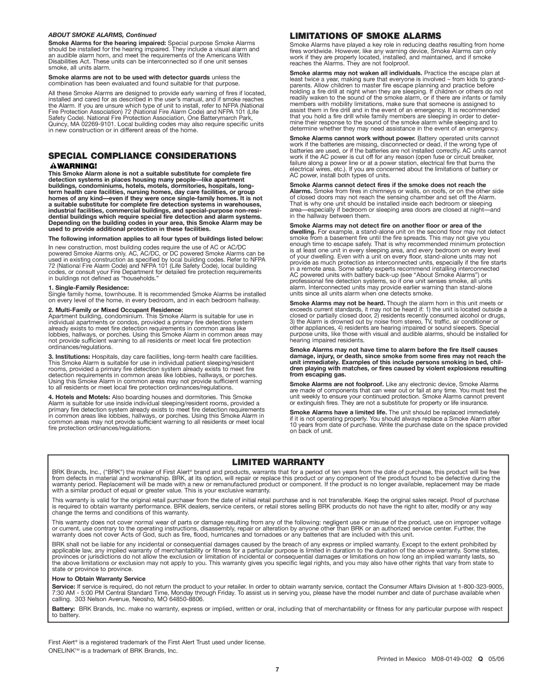 First Alert SA520 Special Compliance Considerations, Limitations of Smoke Alarms, Limited Warranty, About Smoke Alarms 