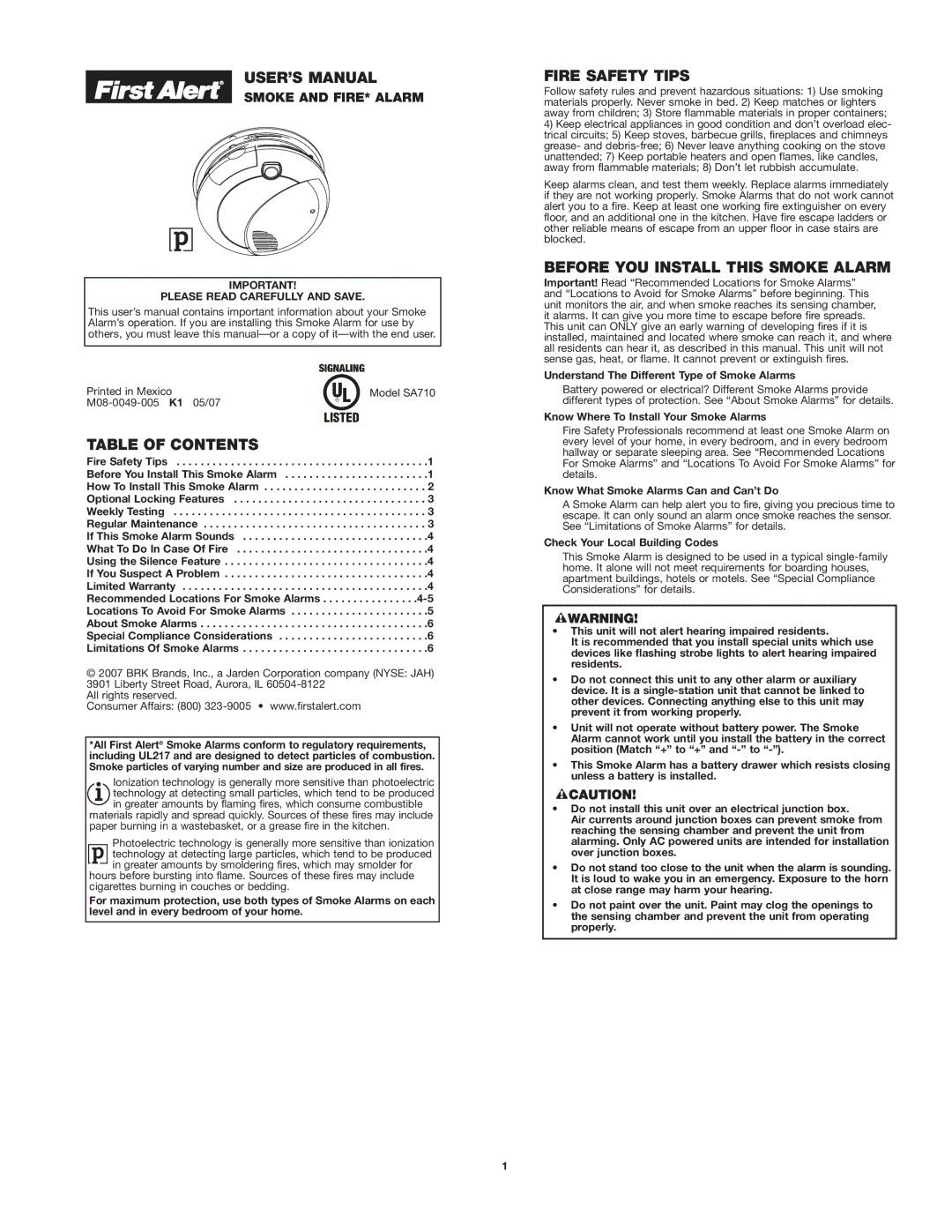 First Alert SA710 user manual USER’S Manual 