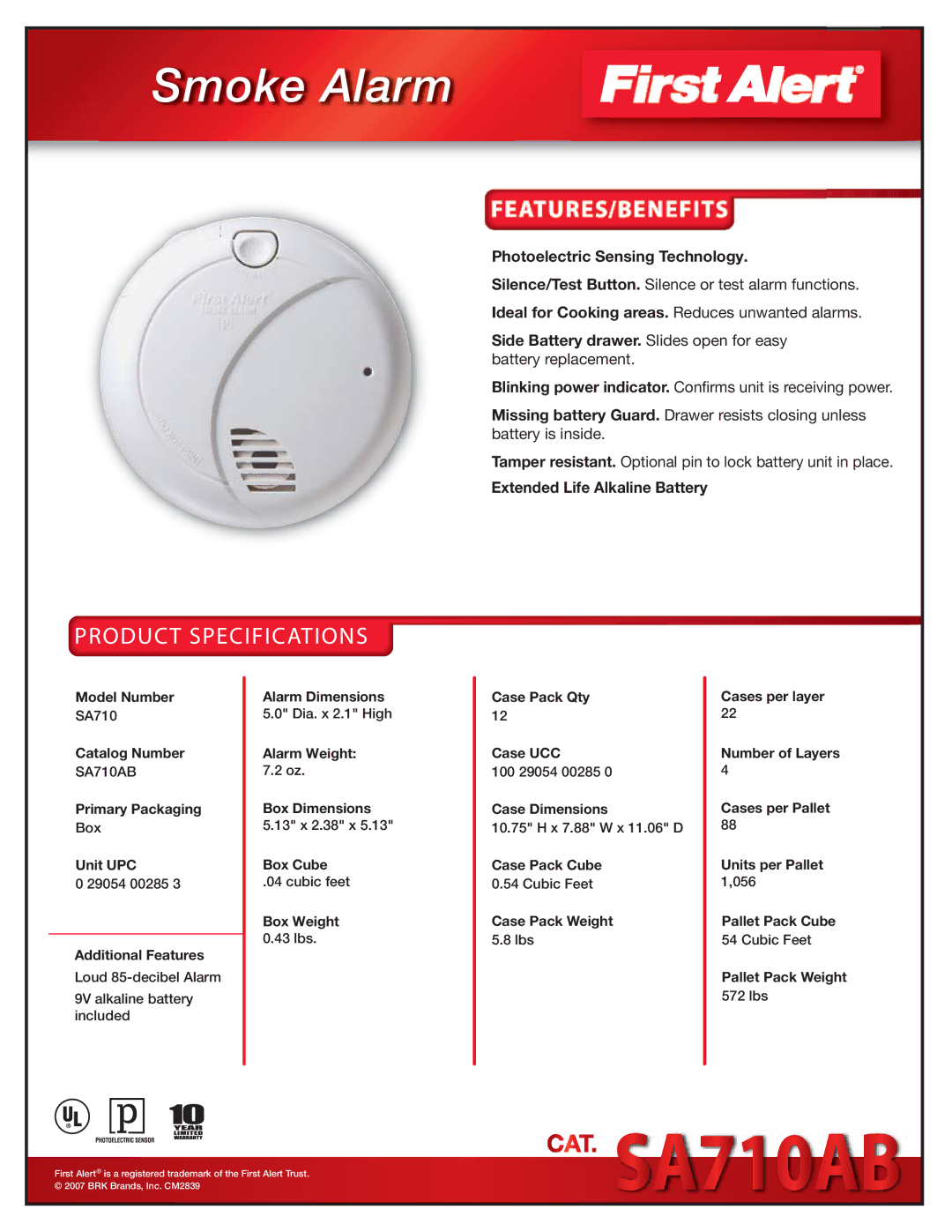 First Alert SA710AB specifications Smoke Alarm, Product Specifications, Photoelectric Sensing Technology 