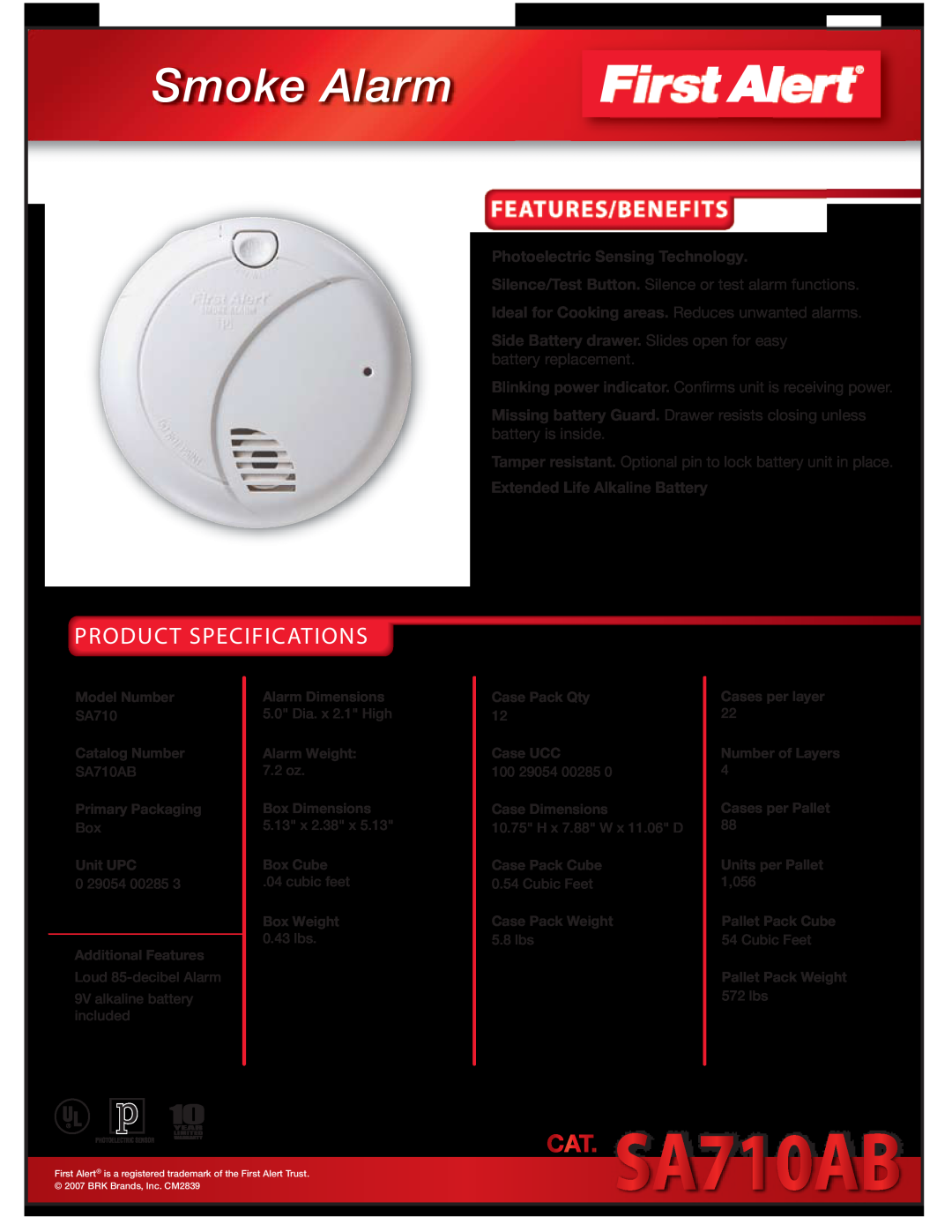 First Alert SA710AB specifications Smoke Alarm, Product Specifications, Photoelectric Sensing Technology 