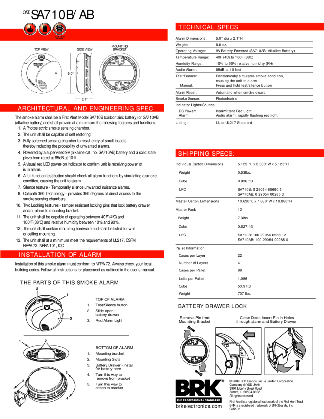 First Alert SA710B manual Architectural and Engineering Spec, Installation of Alarm, Technical Specs, Shipping Specs 