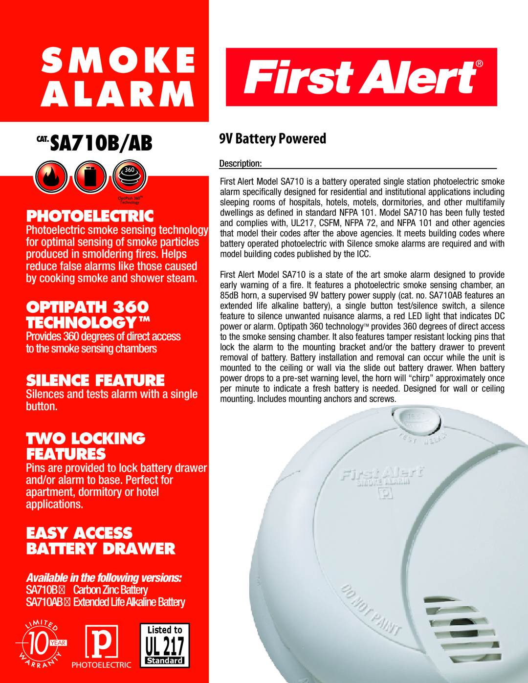 First Alert manual CAT.SA710B/AB, SA710AB, Description, Smoke Alarm, Photoelectric, Optipath Technologytm, UL217 