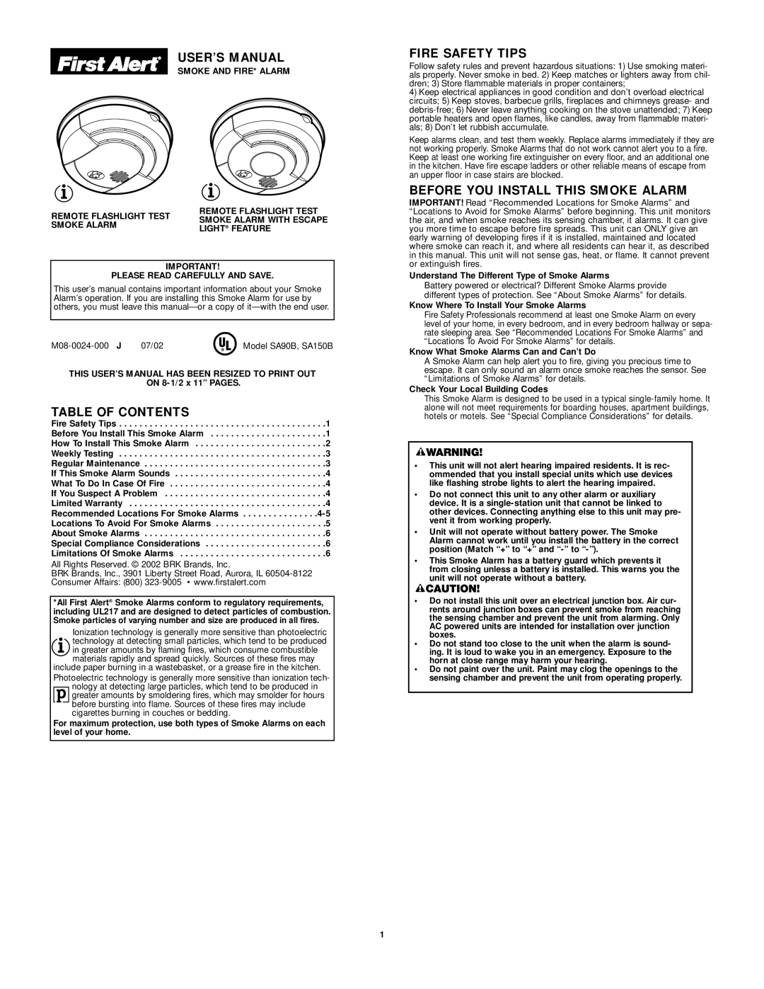 First Alert SA150B user manual USER’S Manual, Fire Safety Tips, Before YOU Install this Smoke Alarm, Table of Contents 