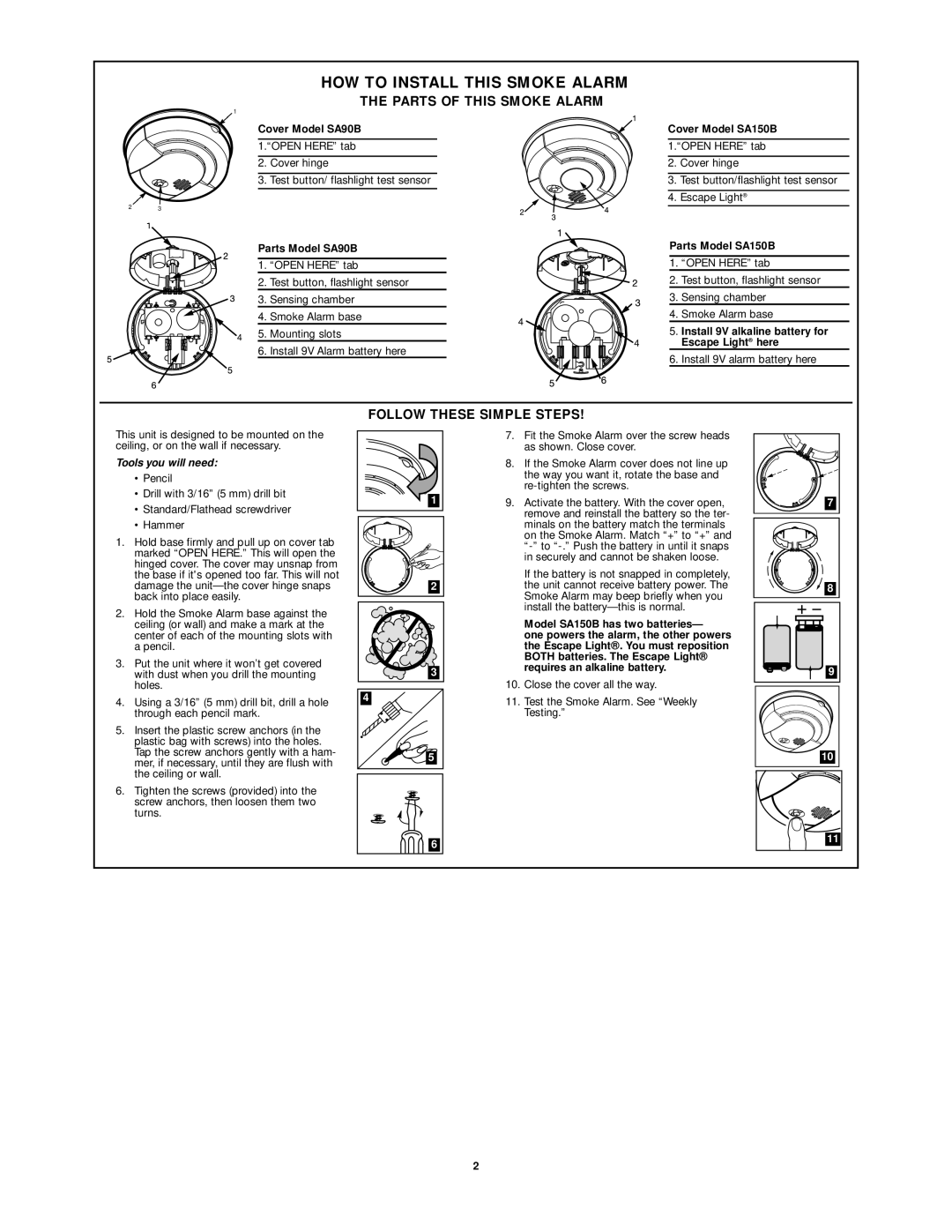 First Alert SA90B, SA150B user manual HOW to Install this Smoke Alarm, Parts of this Smoke Alarm, Follow These Simple Steps 