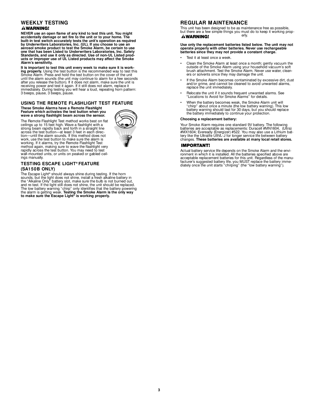 First Alert SA150B, SA90B user manual Weekly Testing, Regular Maintenance, Using the Remote Flashlight Test Feature 