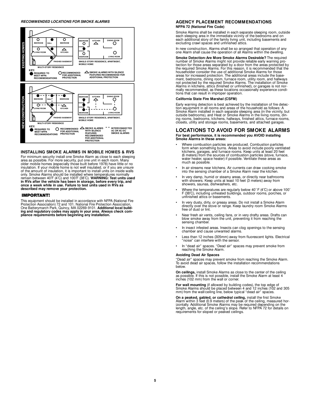 First Alert SA150B, SA90B user manual Locations to Avoid for Smoke Alarms, Installing Smoke Alarms in Mobile Homes & RVS 