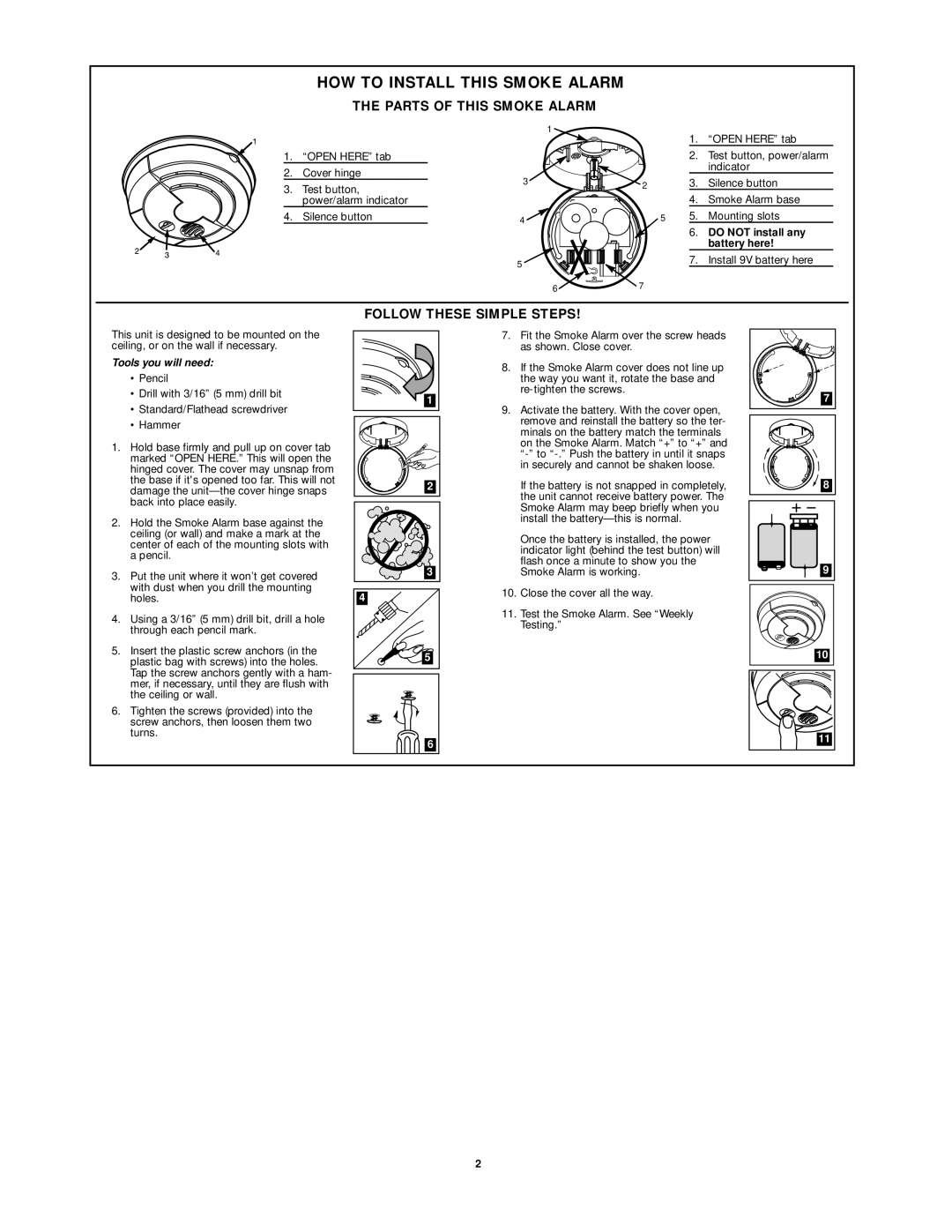 First Alert SA97CN HOW to Install this Smoke Alarm, Parts of this Smoke Alarm, Follow These Simple Steps, Battery here 