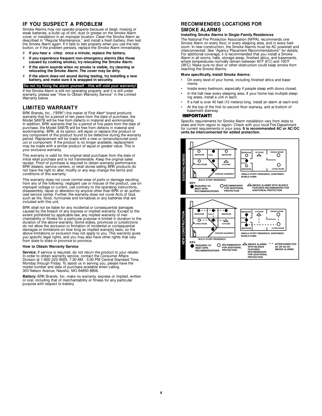 First Alert SA97CN, SA87CN user manual If YOU Suspect a Problem, Limited Warranty 