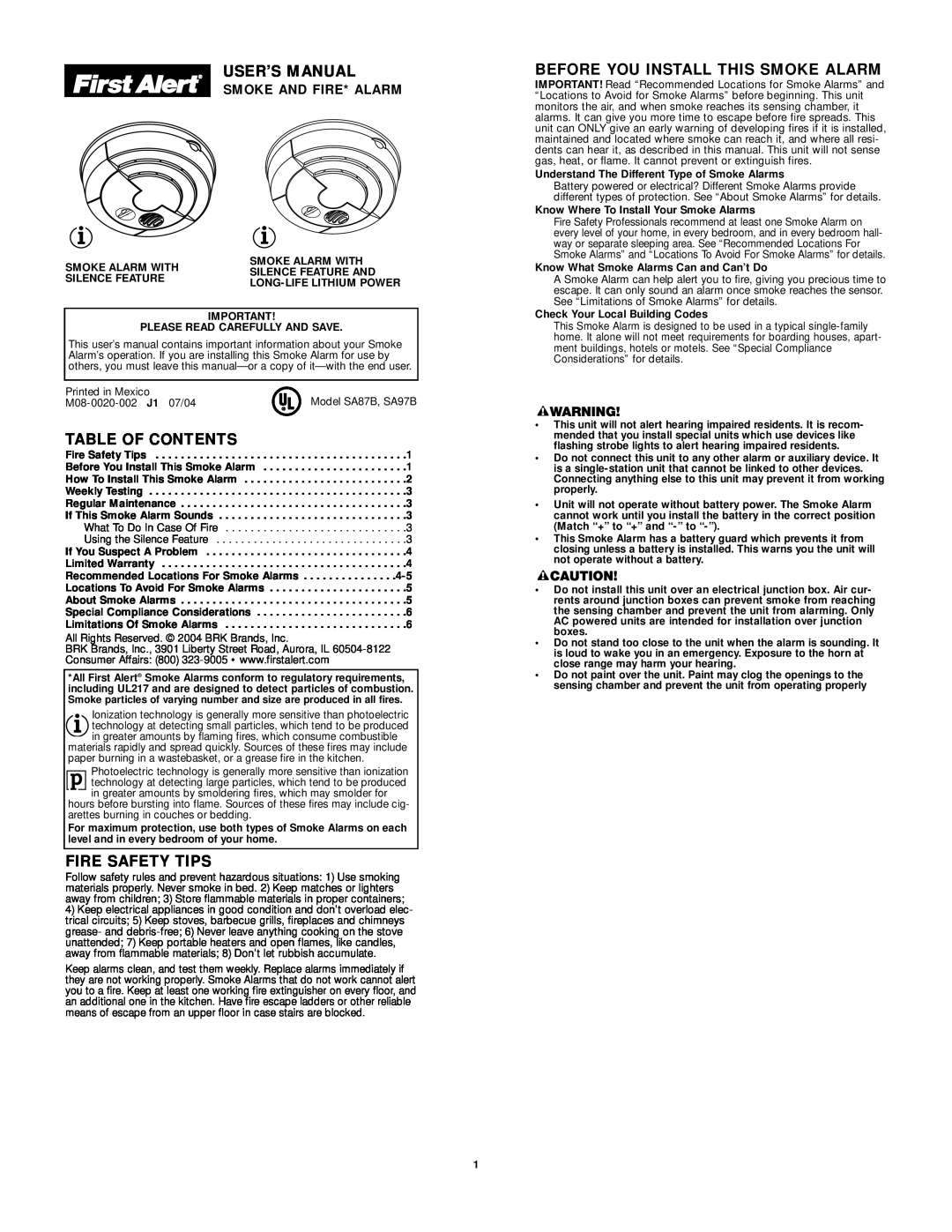First Alert SA87CN user manual User’S Manual, Table Of Contents, Fire Safety Tips, Before You Install This Smoke Alarm 