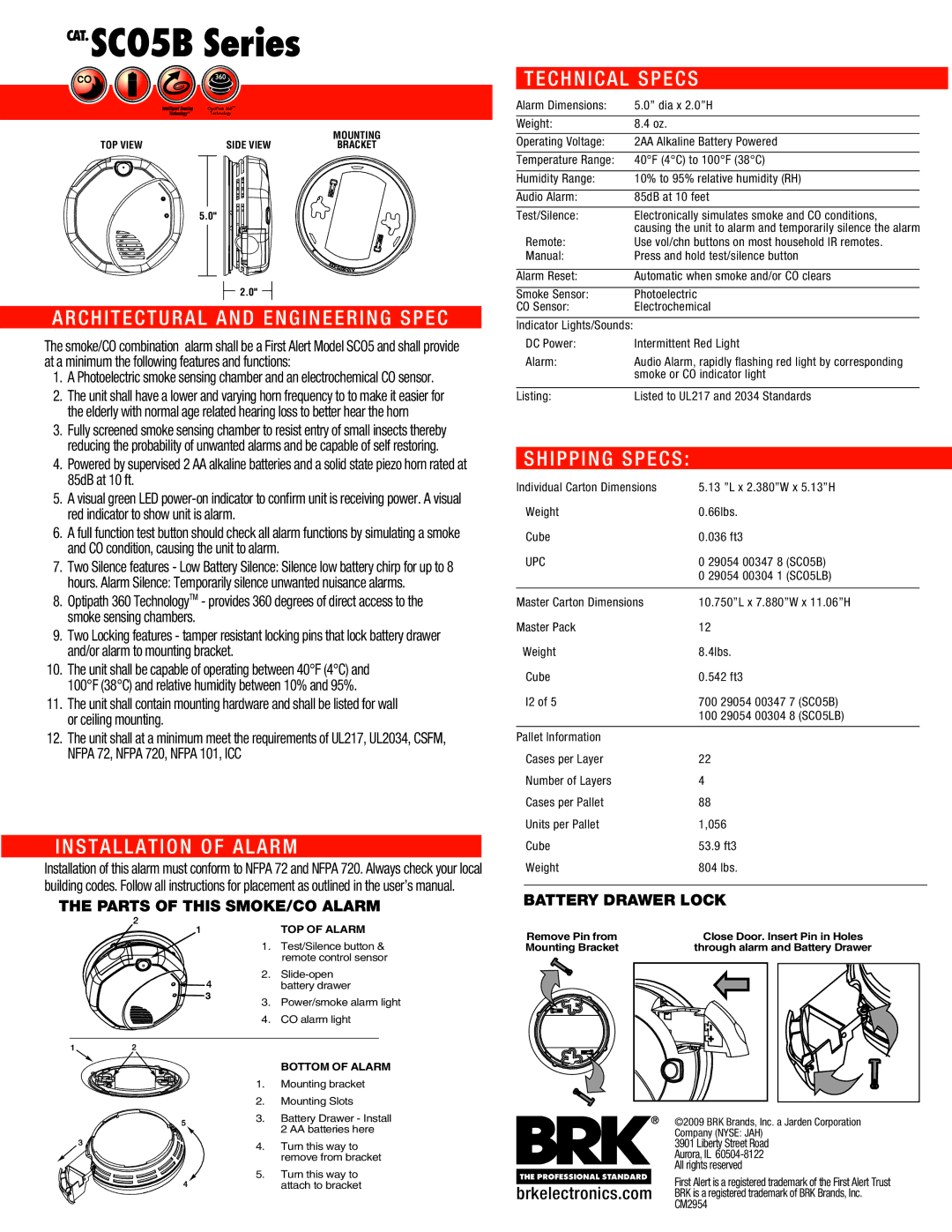 First Alert SC05B series manual Architectural and Engineering Spec, Installation of Alarm, Technical Specs, Shipping Specs 