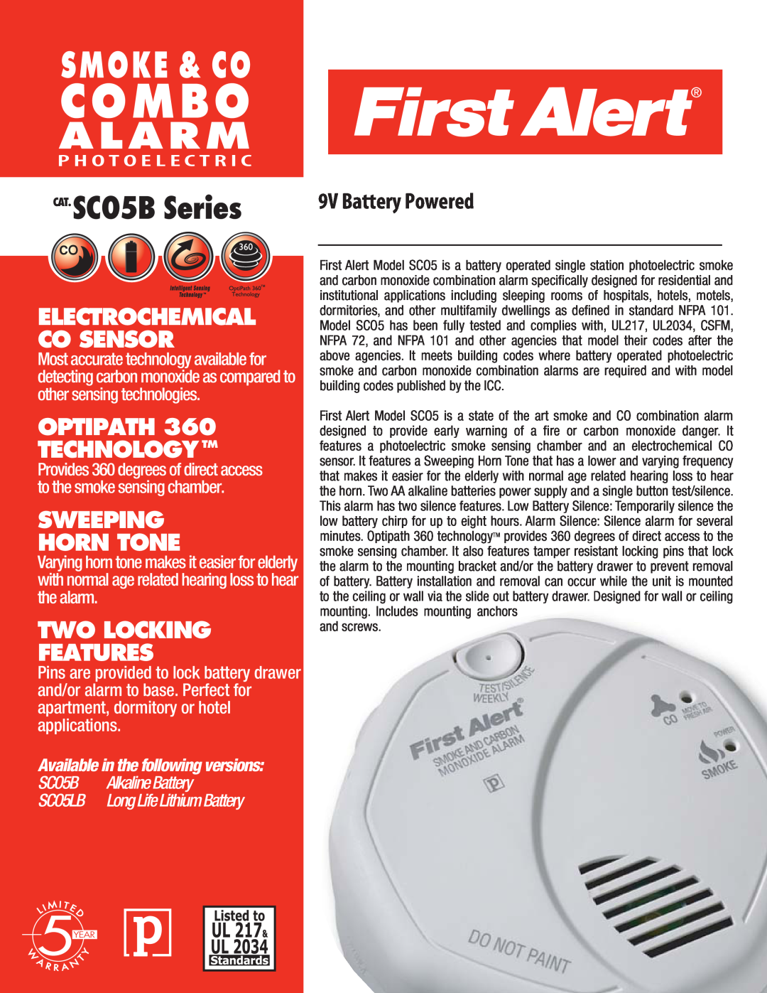 First Alert SC05B series manual Combo, Alarm, Smoke & Co, CAT. SCO5B Series, 9V Battery Powered, Optipath Technologytm 