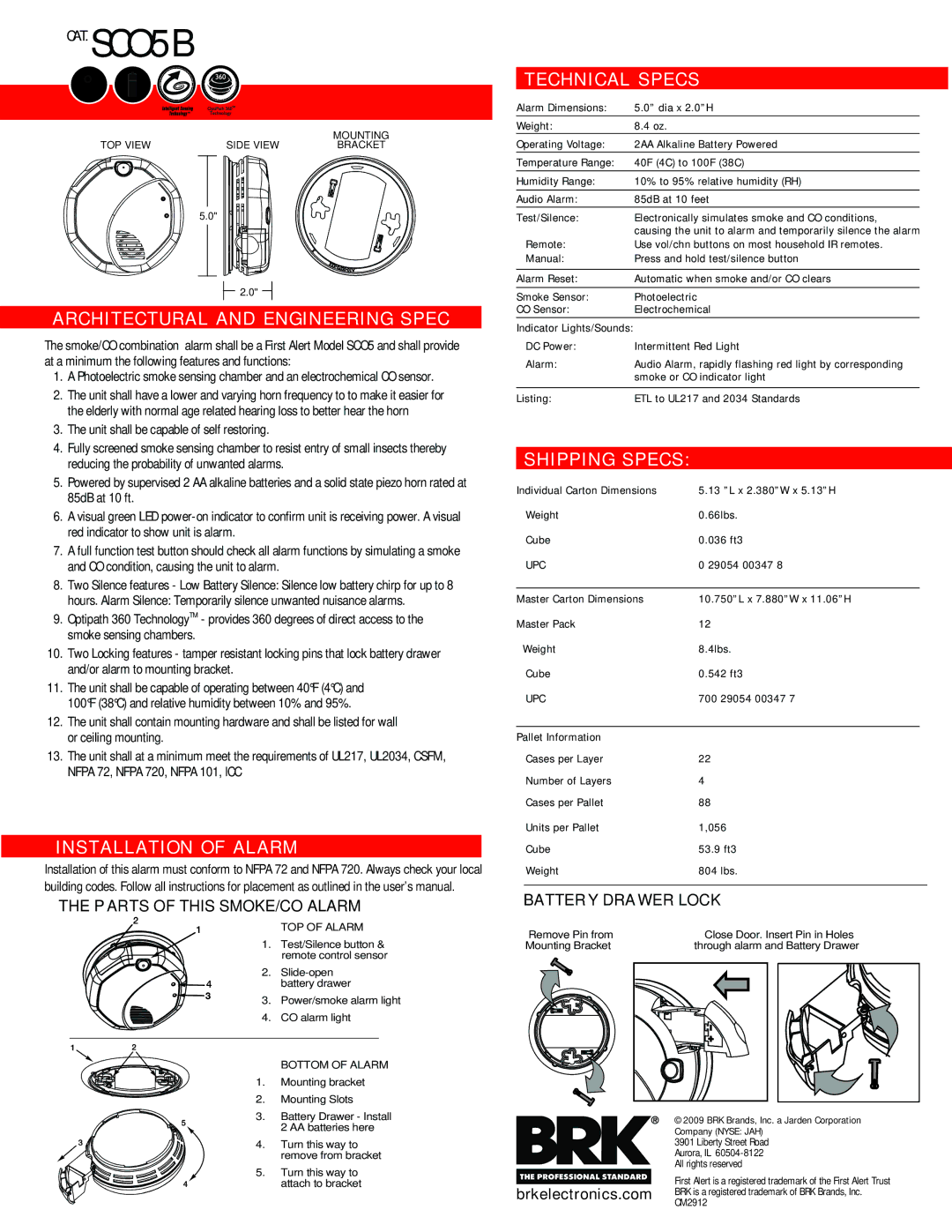 First Alert SC05B manual Architectural and Engineering Spec, Installation of Alarm, Technical Specs, Shipping Specs 