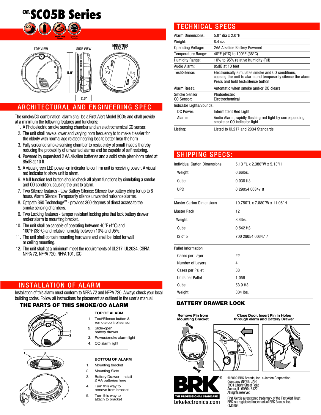 First Alert SC05B manual Architectural and Engineering Spec, Installation of Alarm, Technical Specs, Shipping Specs 