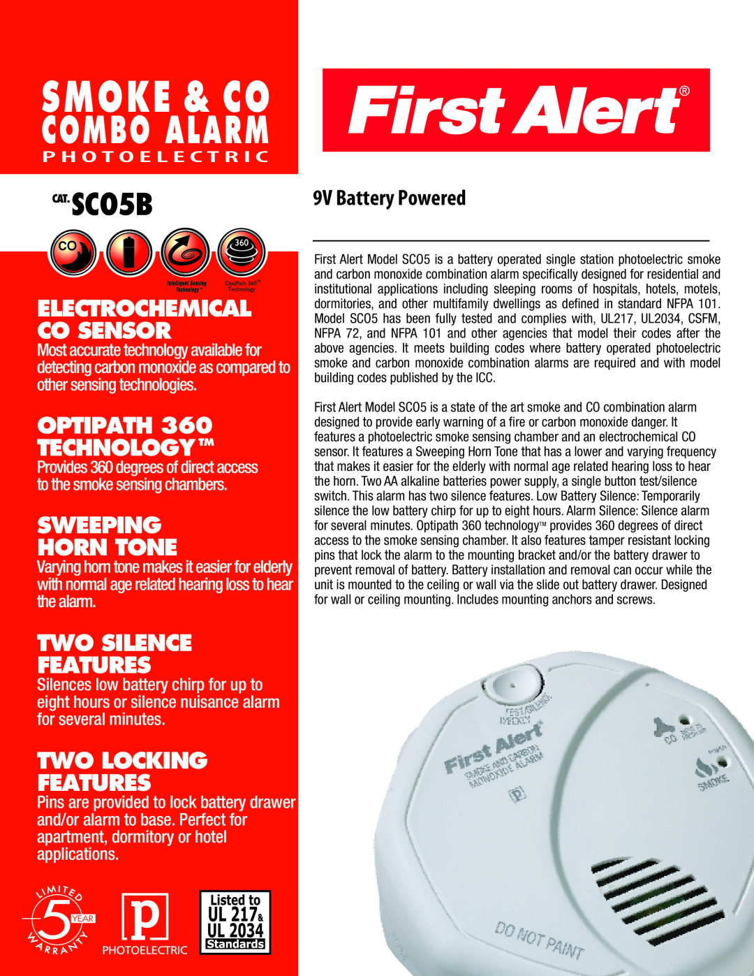 First Alert SC05B manual Combo, Alarm, Smoke & Co, CAT. SCO5B Series, Two AA Battery Powered, Optipath Technologytm 