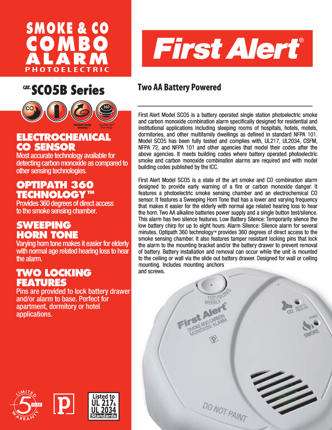 First Alert SC05B manual CAT.SCO5B, Smoke & Co, Combo Alarm, Optipath Technologytm, Sweeping Horn Tone, 9V Battery Powered 