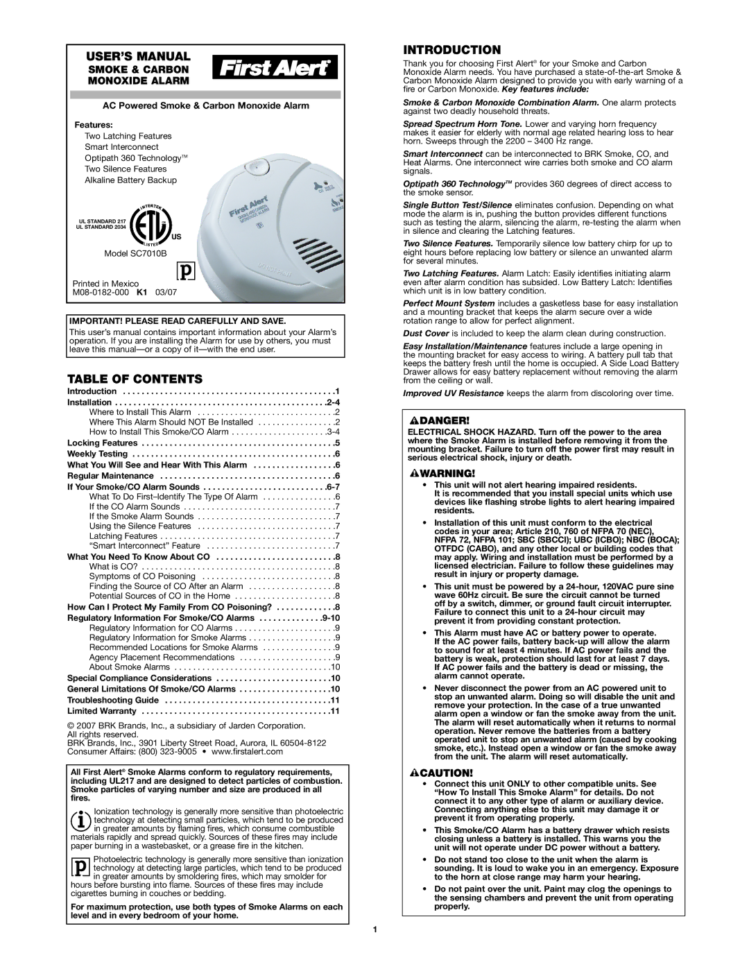 First Alert SC7010B user manual USER’S Manual, Table of Contents, Introduction 