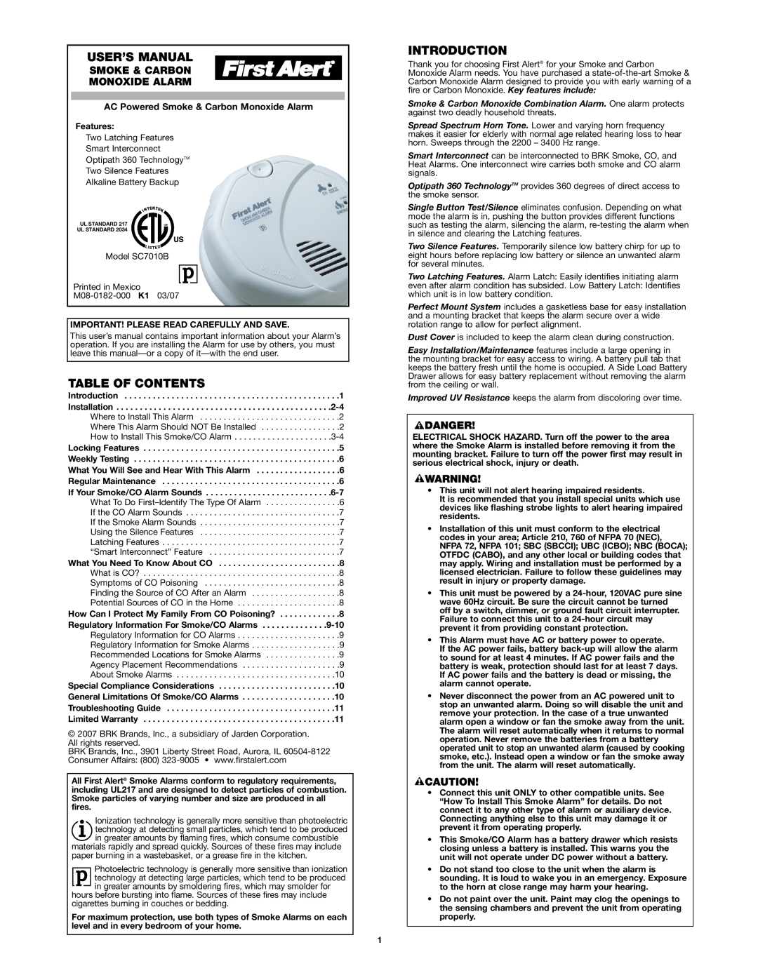 First Alert SC7010B user manual Table Of Contents, Introduction, Smoke & Carbon Monoxide Alarm 
