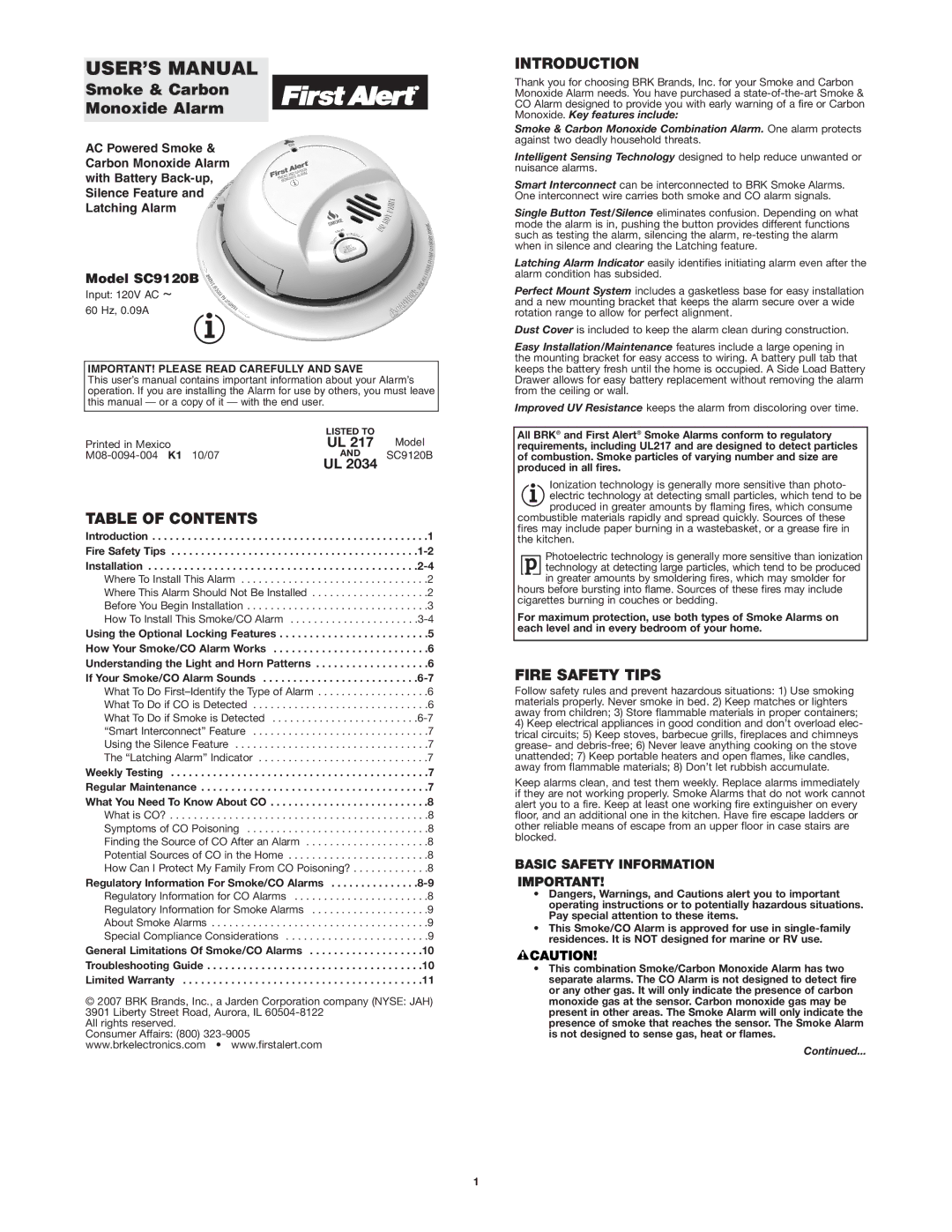 First Alert SC9120B user manual Table of Contents, Introduction, Fire Safety Tips 