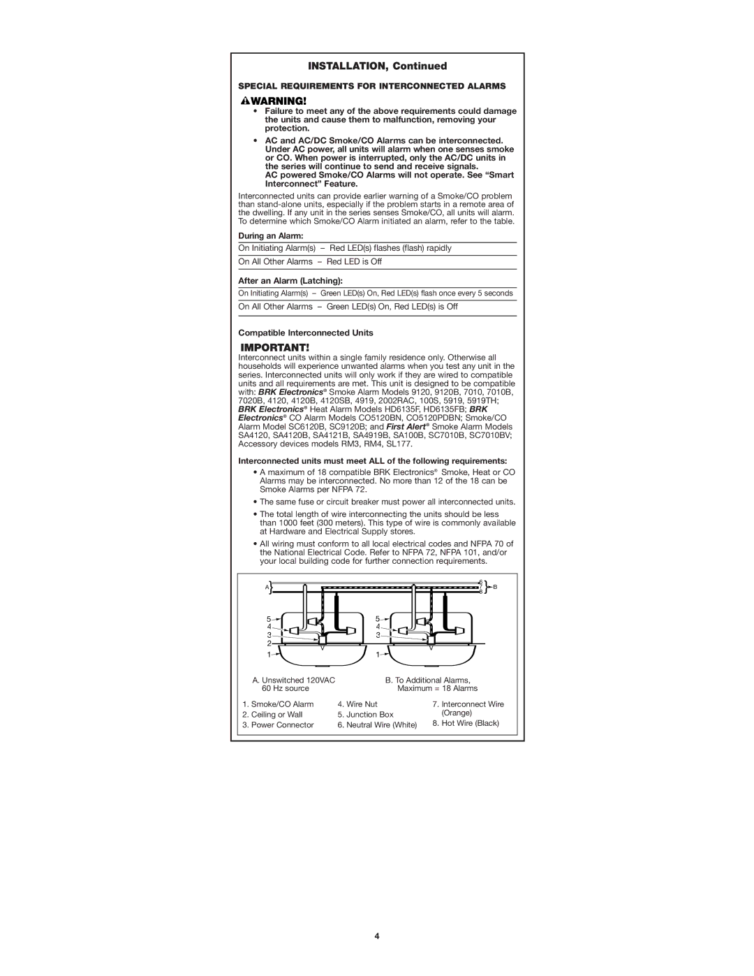 First Alert SC9120B user manual Special Requirements for Interconnected Alarms, During an Alarm, After an Alarm Latching 