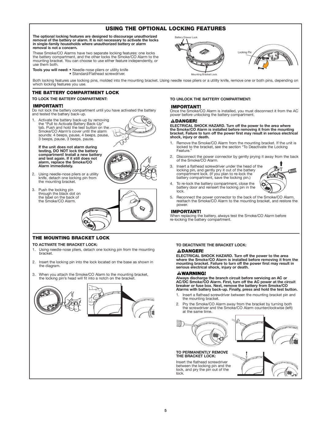 First Alert SC9120B user manual Using the Optional Locking Features, Battery Compartment Lock, Mounting Bracket Lock 