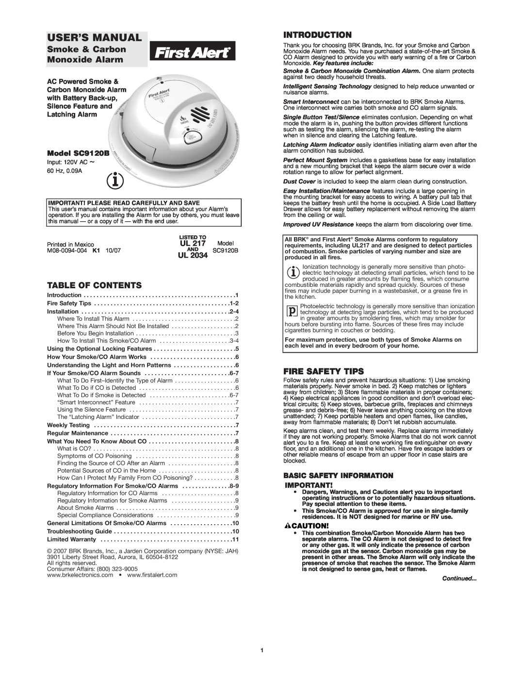 First Alert SC9120B user manual Table Of Contents, Introduction, Fire Safety Tips, Basic Safety Information, Continued 
