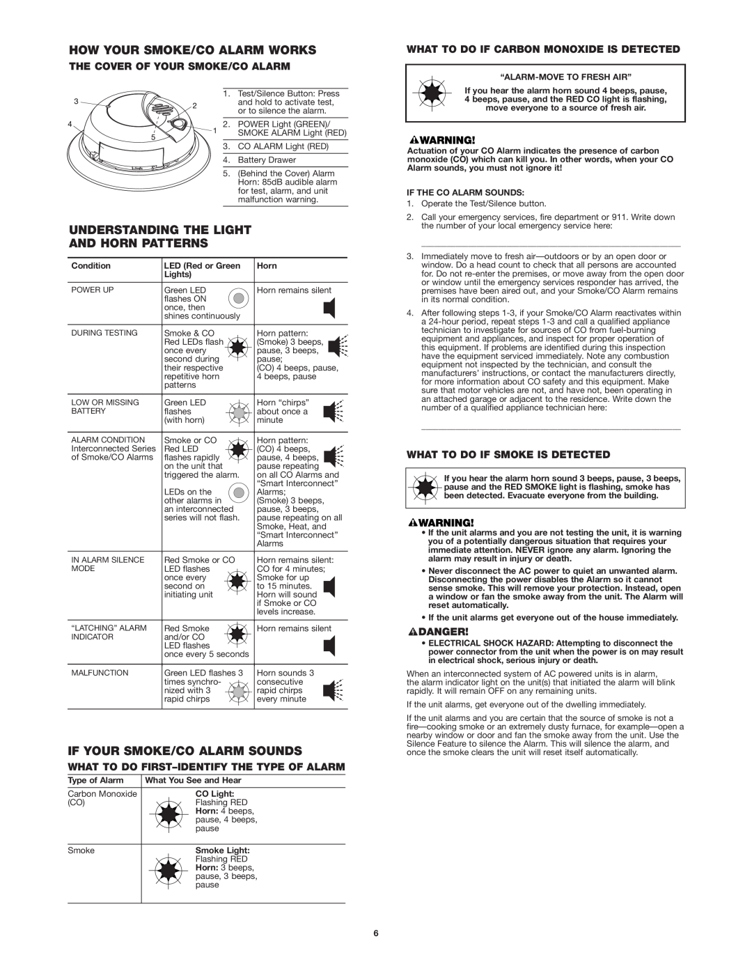 First Alert SC9120B user manual How Your Smoke/Co Alarm Works, Understanding The Light And Horn Patterns 