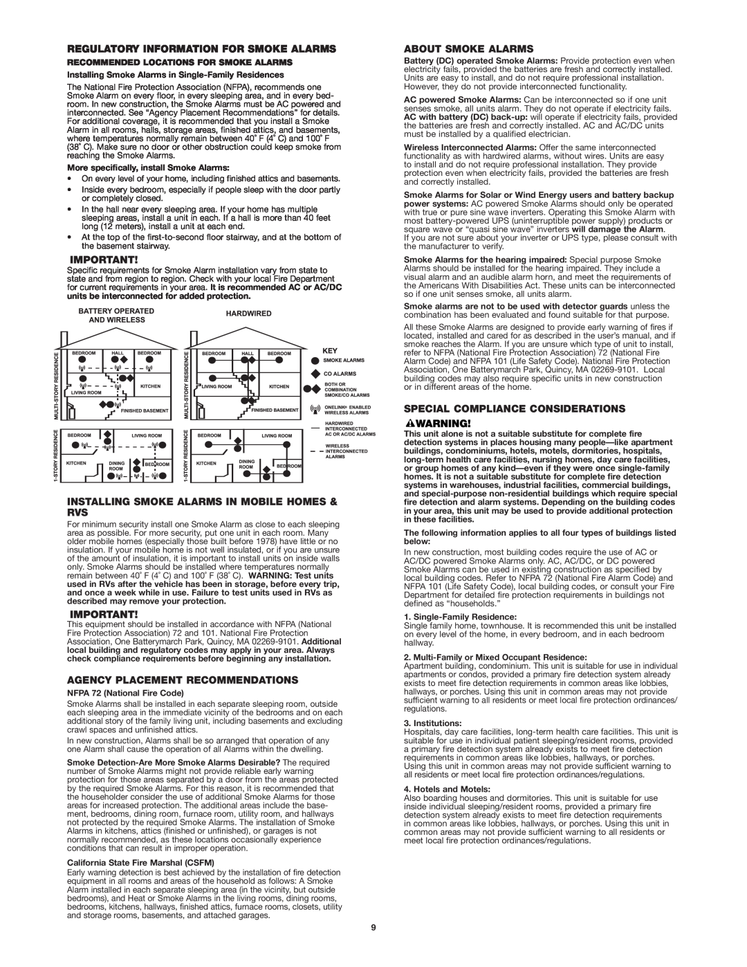 First Alert SC9120B user manual Regulatory Information For Smoke Alarms, Installing Smoke Alarms In Mobile Homes & Rvs 