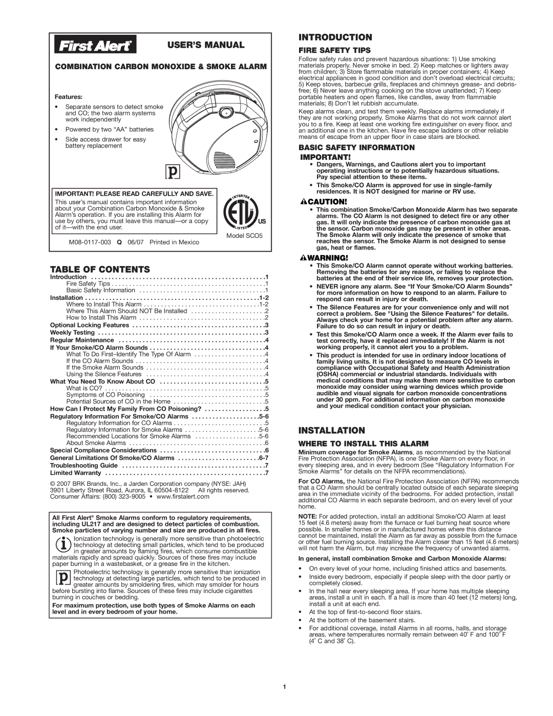 First Alert SCO5 user manual USER’S Manual, Table of Contents, Introduction, Installation 