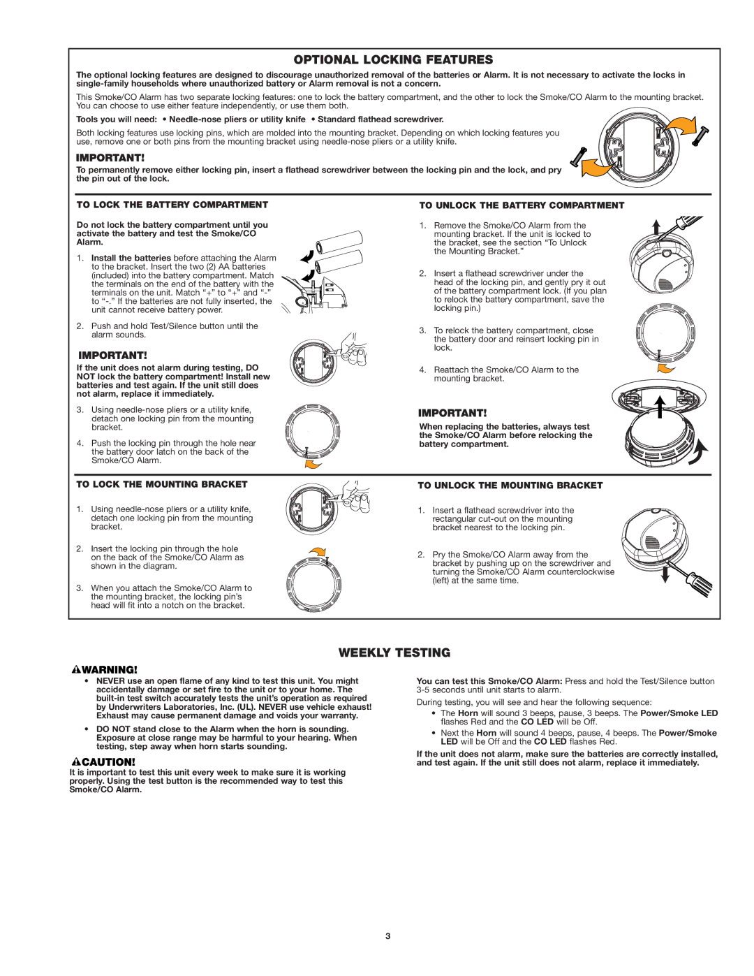 First Alert SCO5 user manual Optional Locking Features, Weekly Testing 