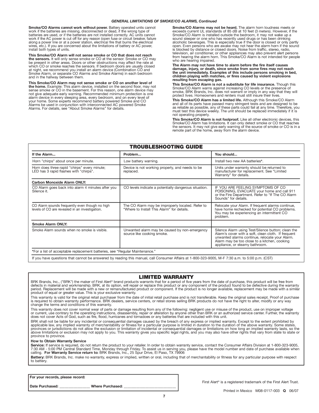 First Alert SCO5 user manual Troubleshooting Guide, Limited Warranty, General Limitations of SMOKE/CO Alarms 