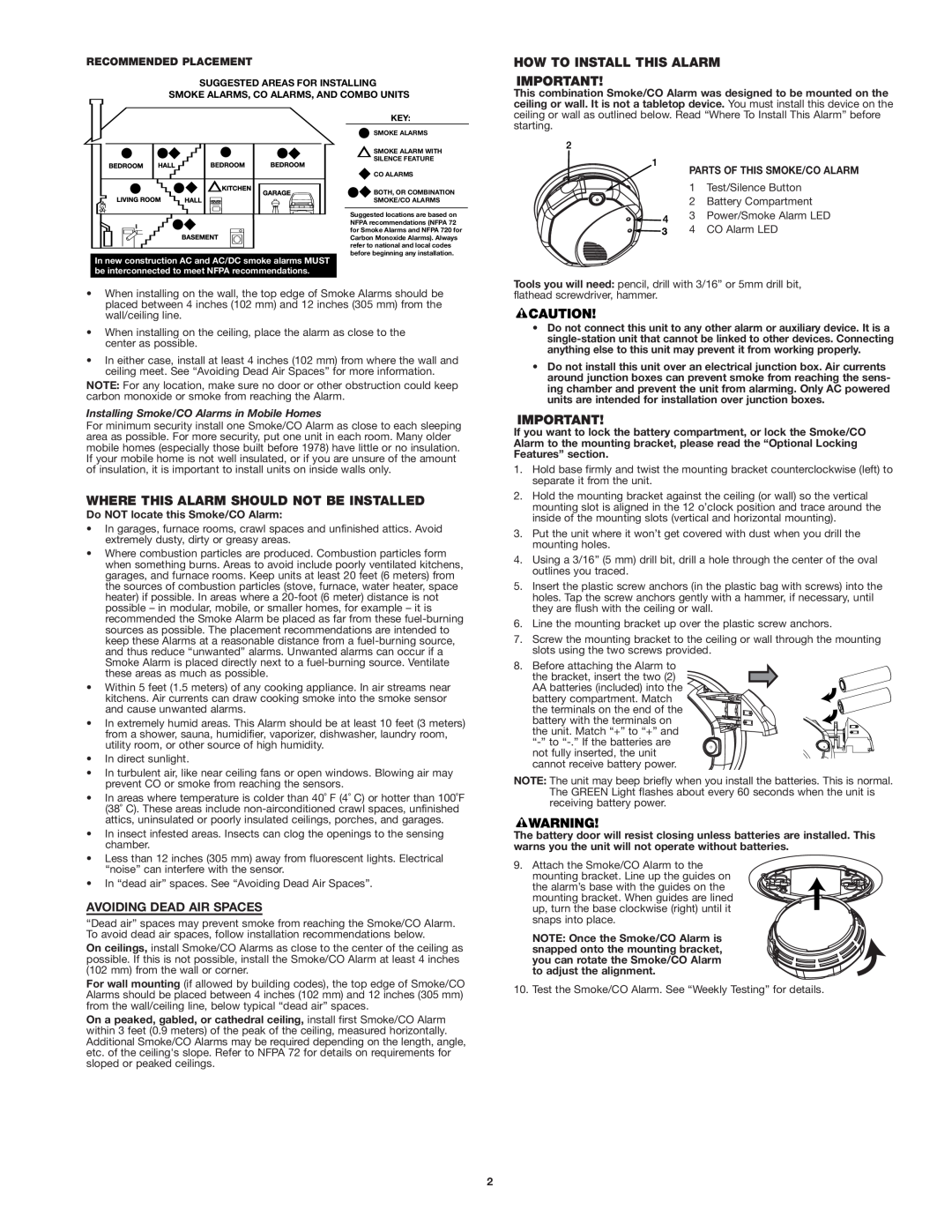 First Alert SCO5 user manual Where This Alarm Should Not Be Installed, Avoiding Dead Air Spaces, How To Install This Alarm 