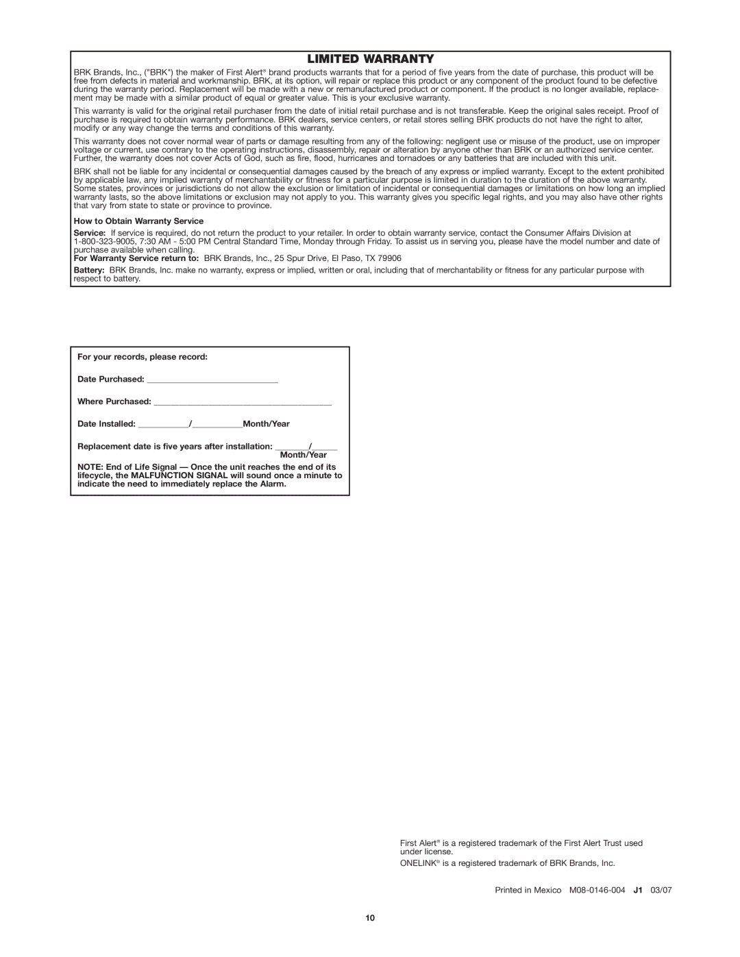 First Alert SCO500 user manual Limited Warranty, How to Obtain Warranty Service 