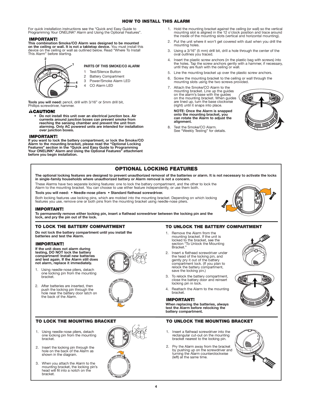 First Alert SCO500 user manual Optional Locking Features 