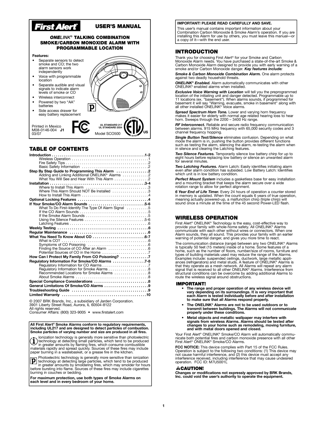 First Alert SCO500 user manual User’S Manual, Introduction, Table Of Contents, Wireless Operation, Programmable Location 