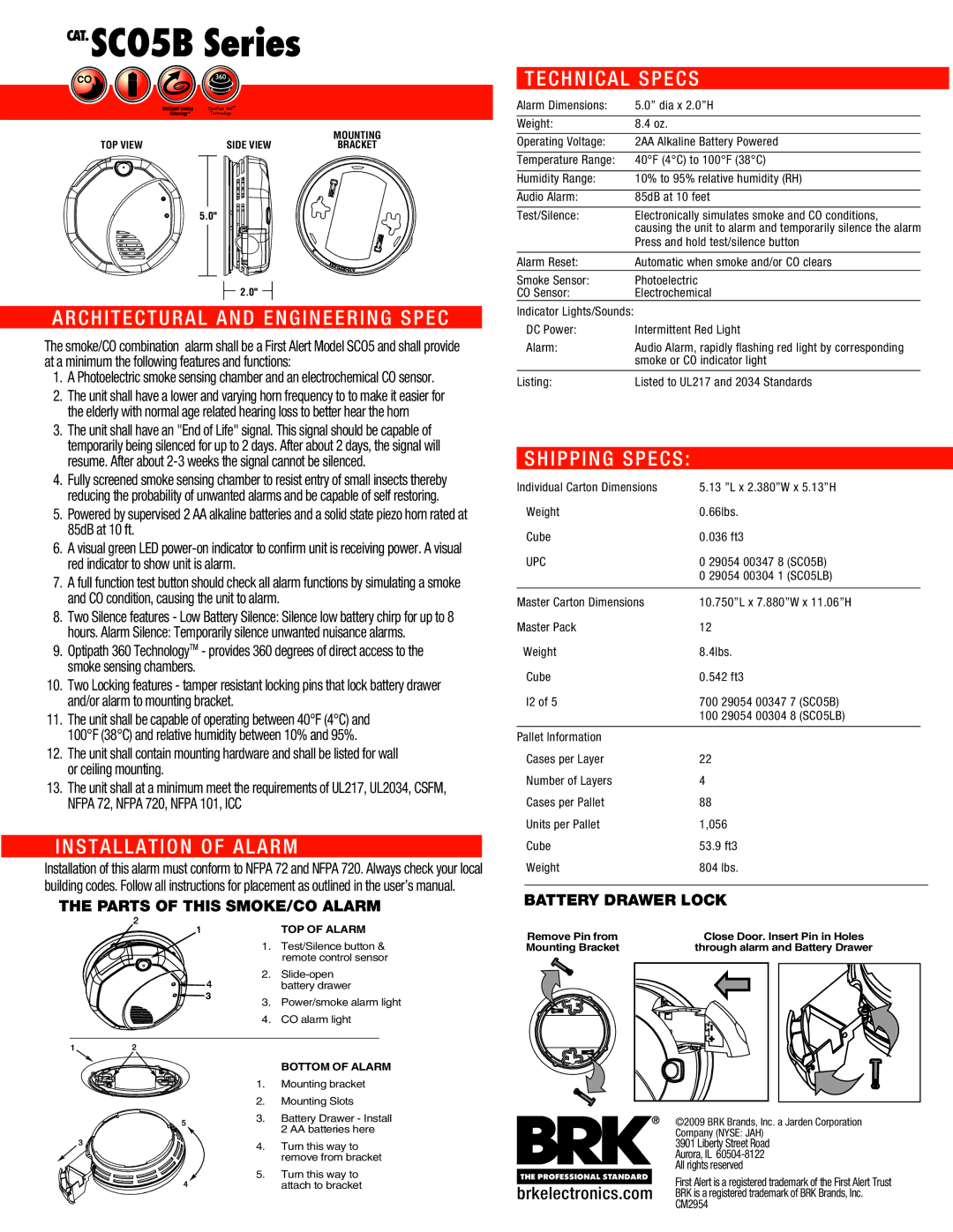 First Alert SCO5B manual Architectural and Engineering Spec, Installation of Alarm, Technical Specs, Shipping Specs 