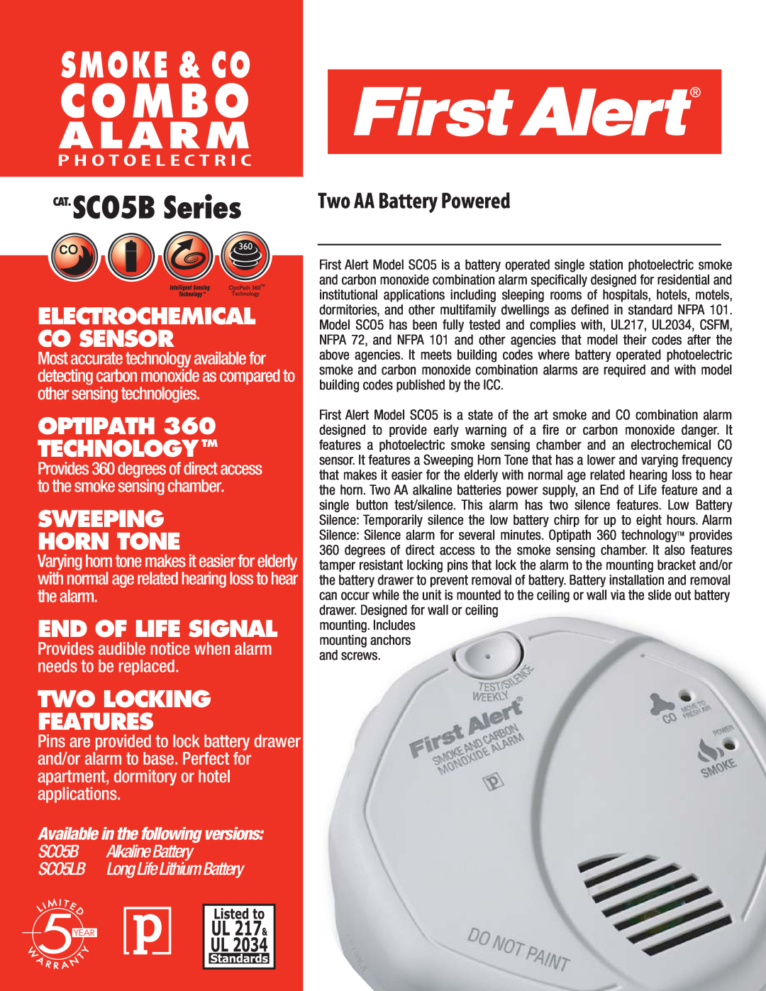 First Alert SCO5LB manual Combo, Alarm, Smoke & Co, CAT. SCO5B Series, Two AA Battery Powered, Optipath Technologytm 