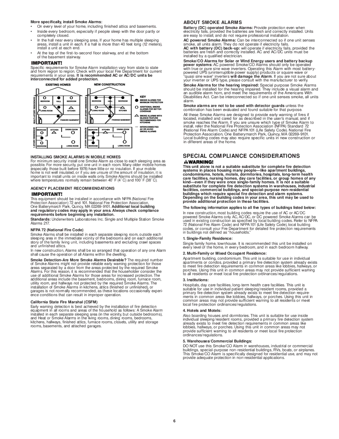 First Alert SCO7 user manual Special Compliance Considerations, About Smoke Alarms, Installing Smoke Alarms in Mobile Homes 