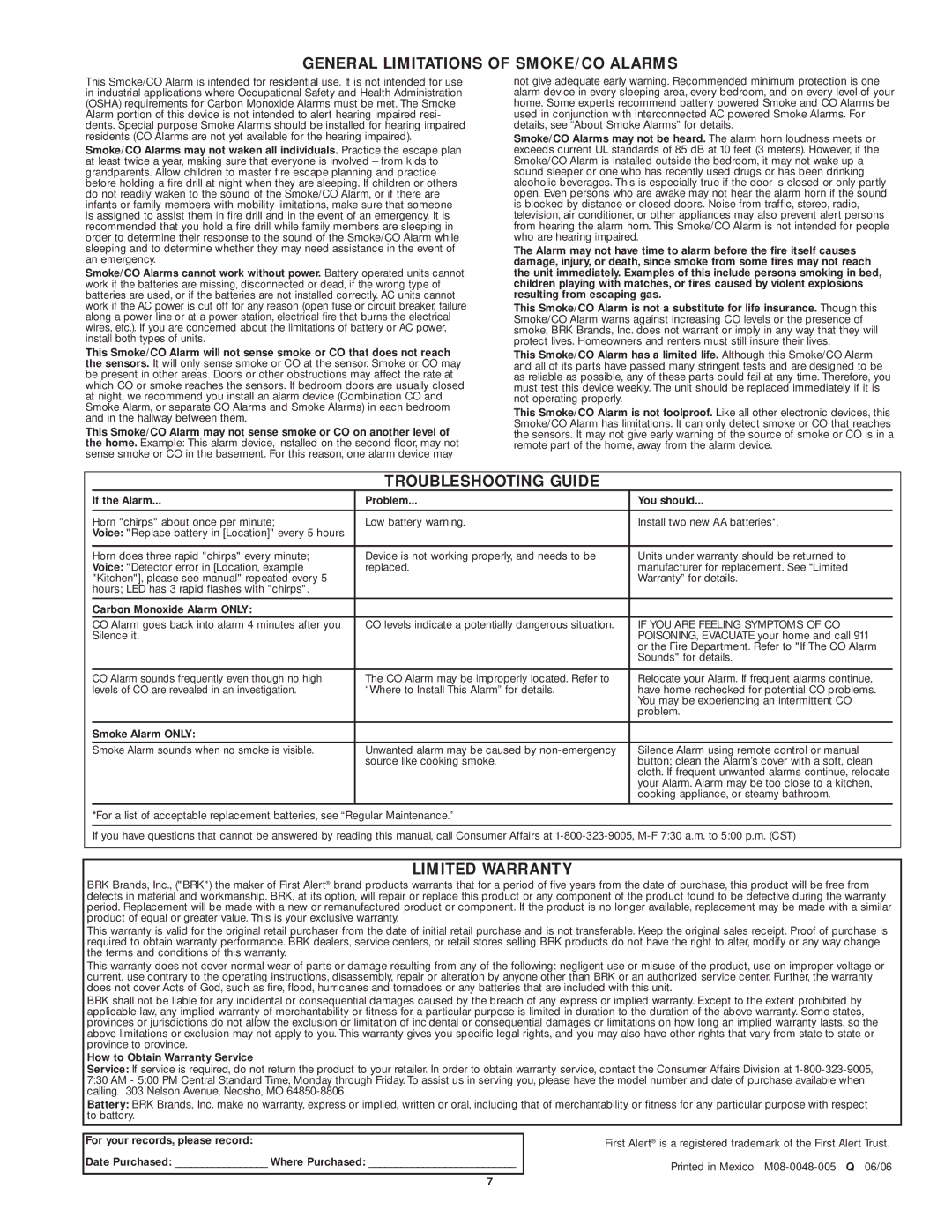 First Alert SCO7 user manual General Limitations of SMOKE/CO Alarms, Troubleshooting Guide, Limited Warranty 