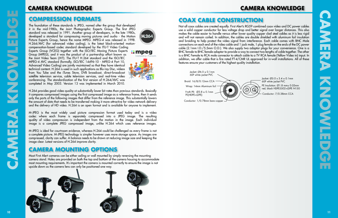 First Alert Security Camera manual Compression Formats Coax Cable Construction, Camera Mounting Options 