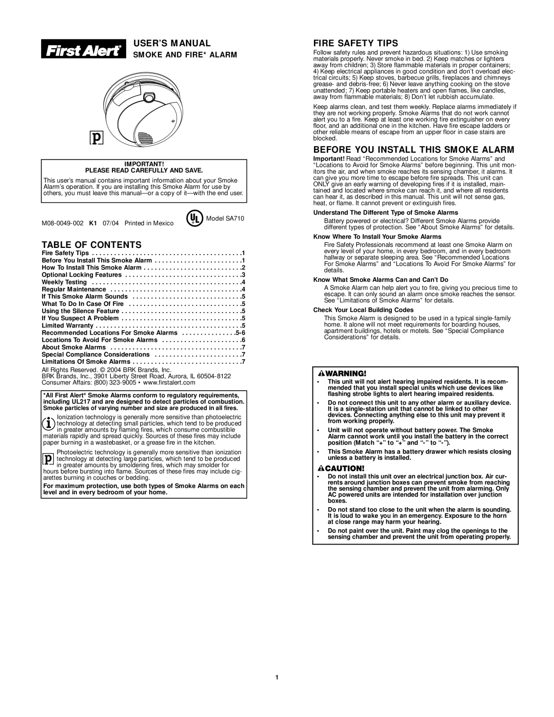 First Alert SMOKE AND FIRE ALARM user manual USER’S Manual, Table of Contents, Fire Safety Tips 