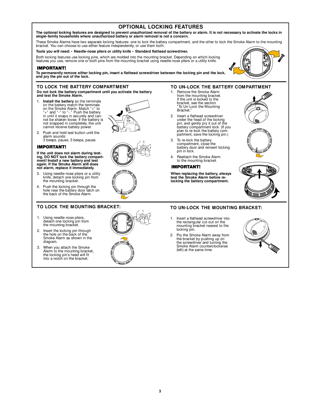 First Alert SMOKE AND FIRE ALARM Optional Locking Features, To Lock the Battery Compartment, To Lock the Mounting Bracket 