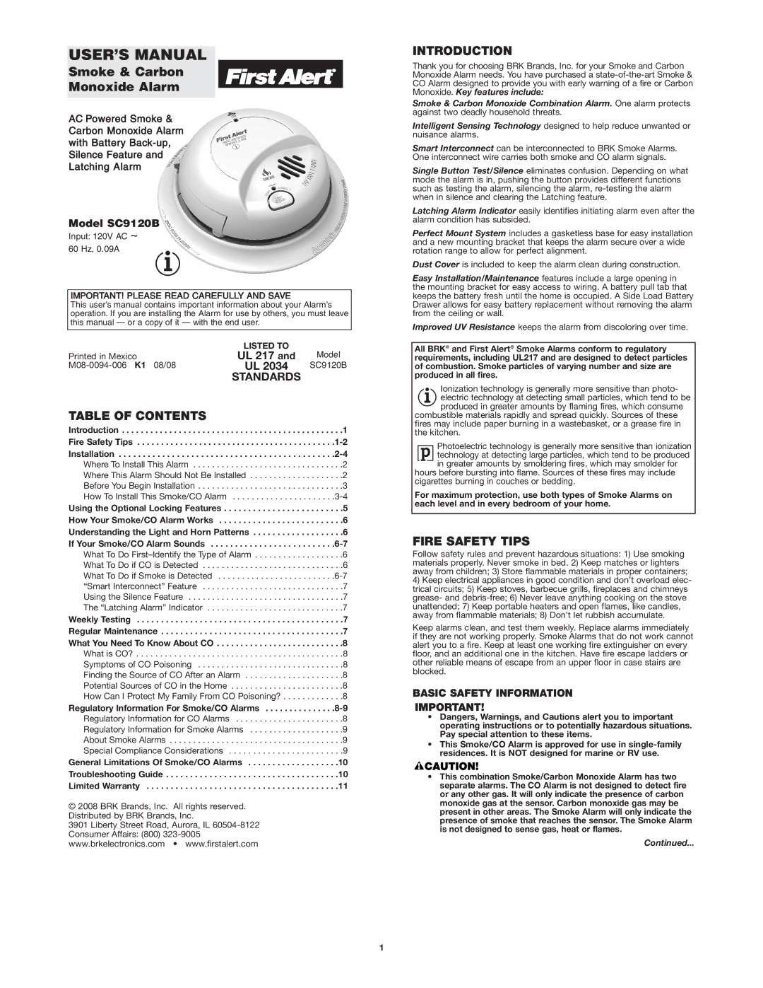 First Alert UL217 user manual Table of Contents, Introduction, Fire Safety Tips 