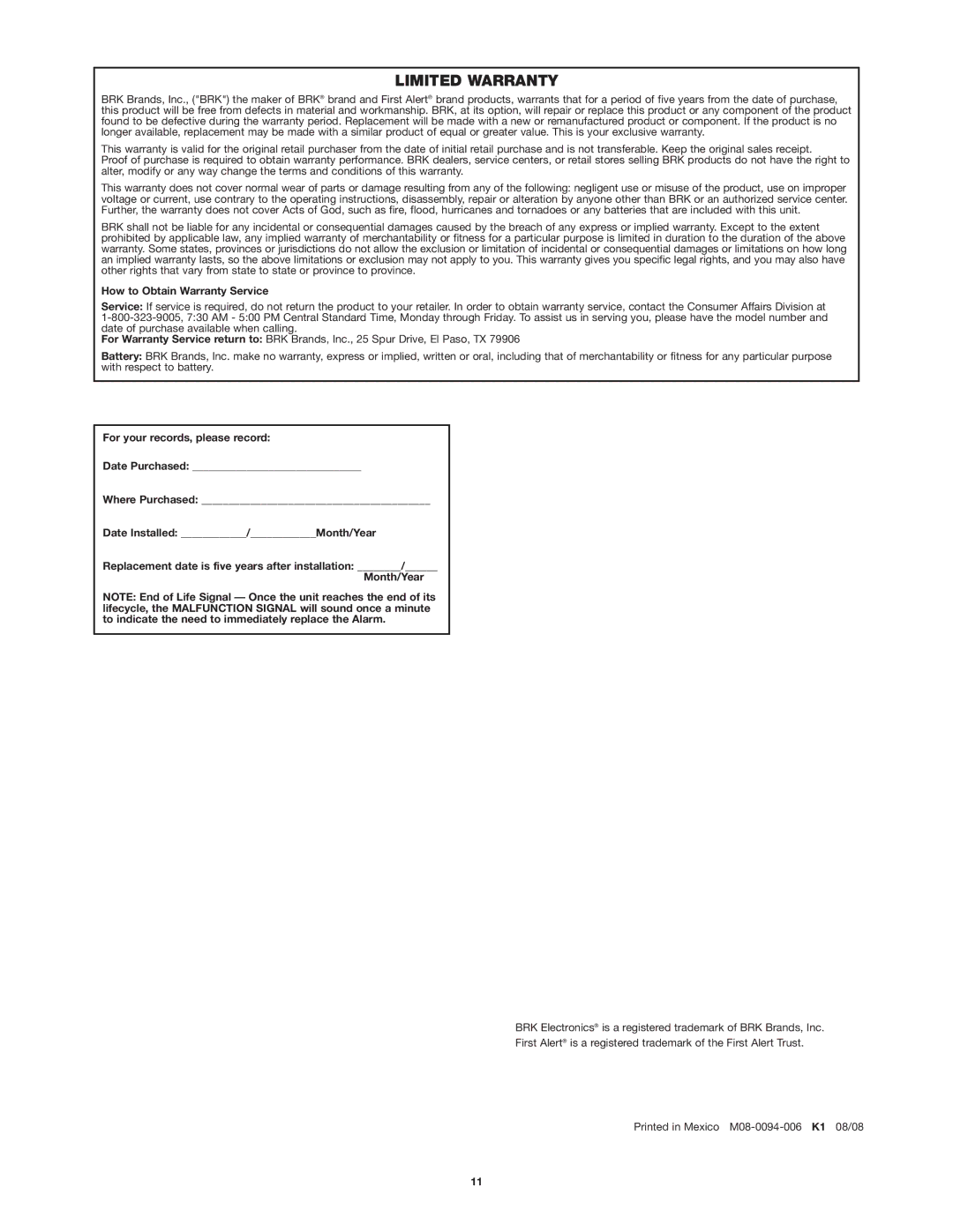 First Alert UL217 user manual Limited Warranty, How to Obtain Warranty Service 