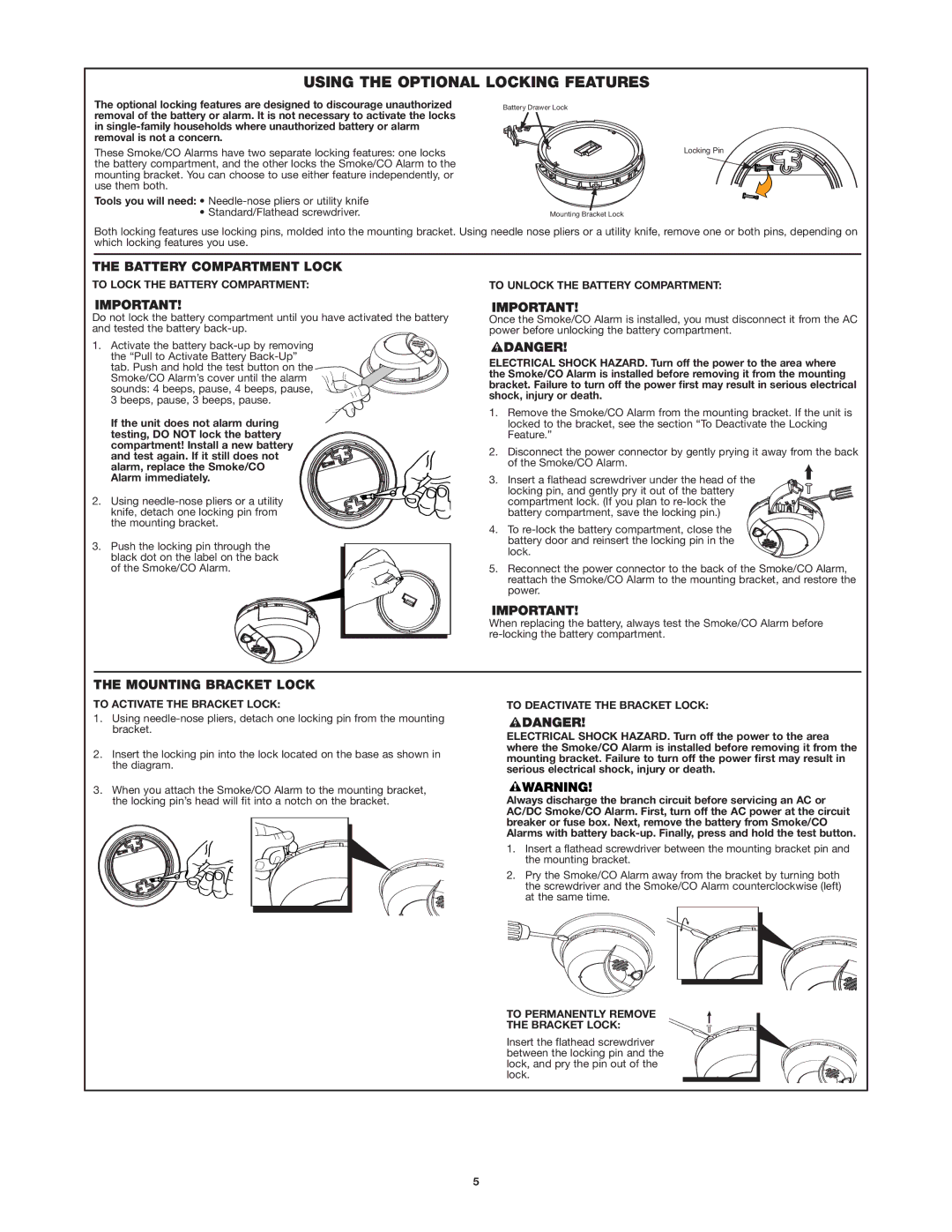 First Alert UL217 user manual Using the Optional Locking Features, Battery Compartment Lock, Mounting Bracket Lock 