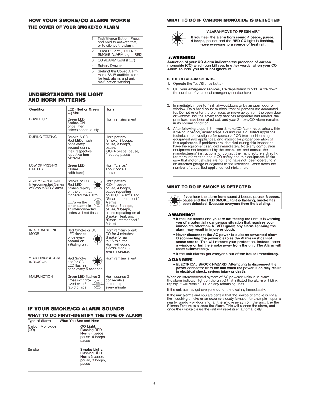 First Alert UL217 HOW Your SMOKE/CO Alarm Works, Understanding the Light Horn Patterns, If Your SMOKE/CO Alarm Sounds 