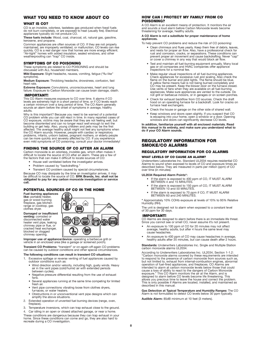 First Alert UL217 user manual What YOU Need to Know about CO, Regulatory Information for SMOKE/CO Alarms 