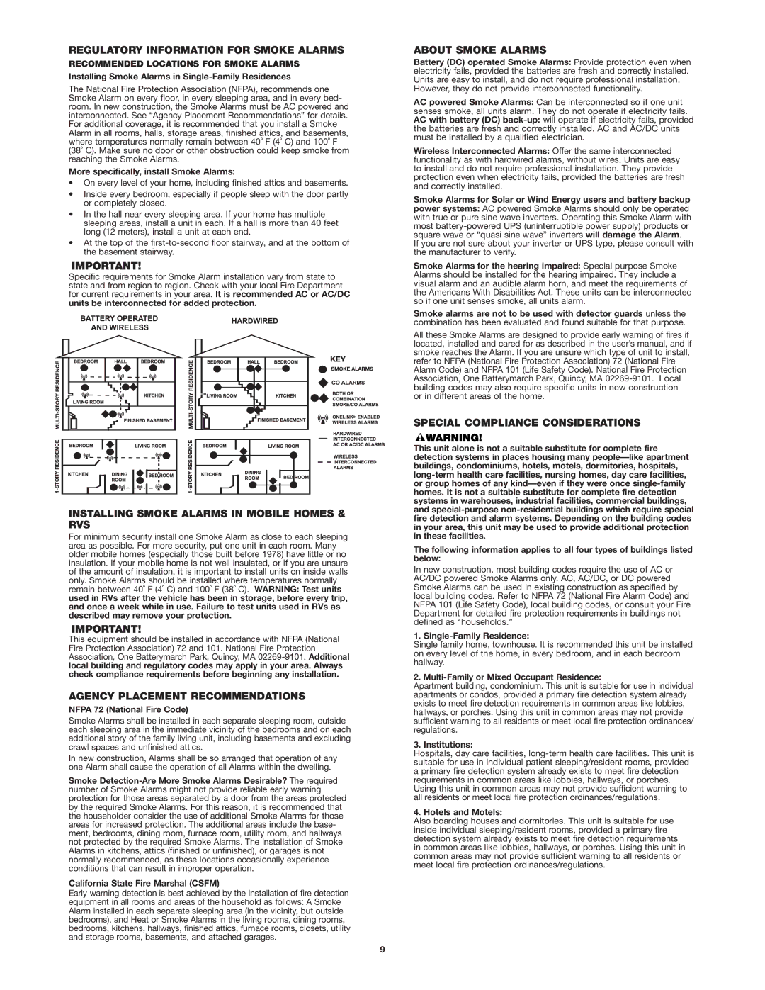 First Alert UL217 user manual Regulatory Information for Smoke Alarms, Installing Smoke Alarms in Mobile Homes & RVS 